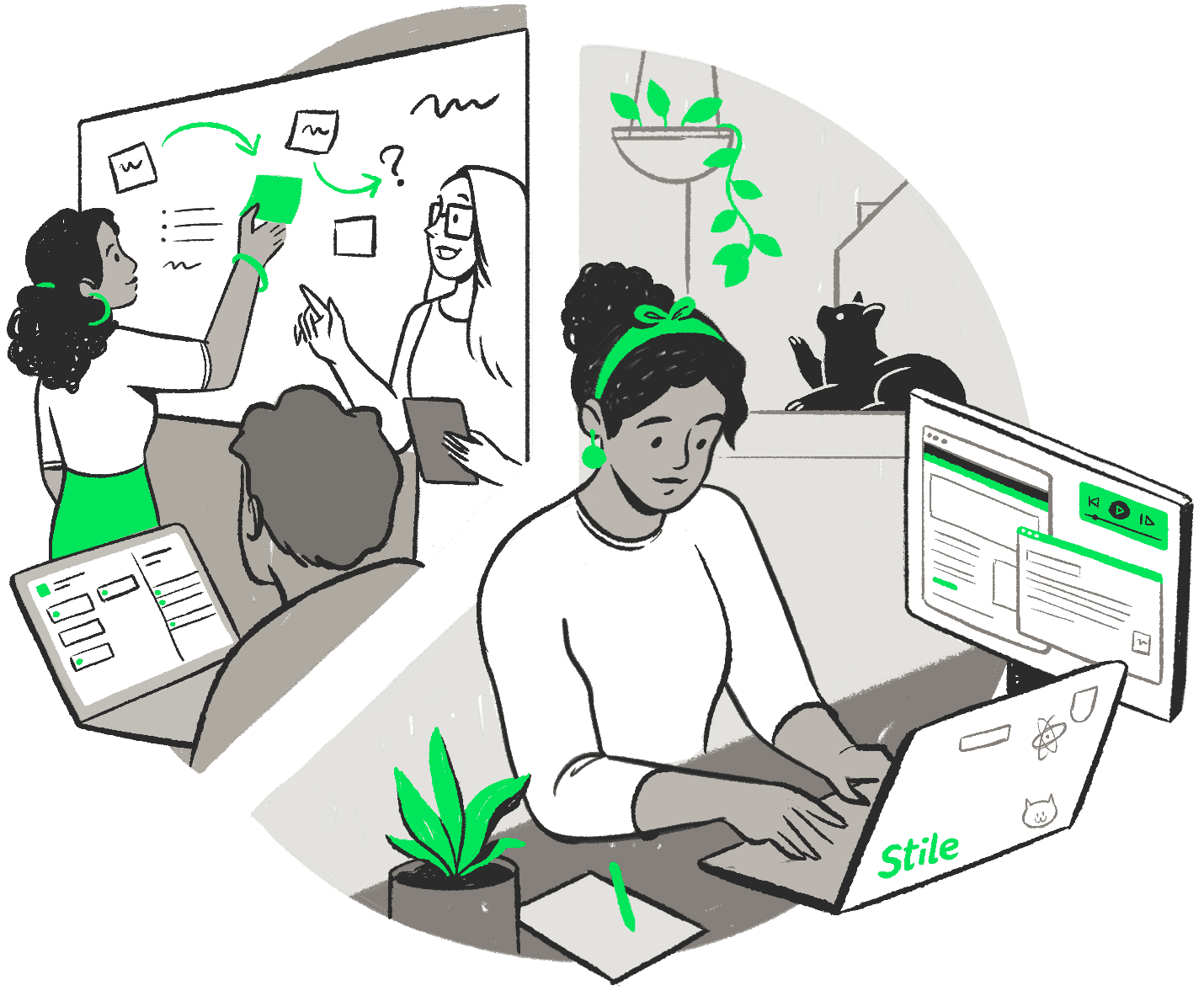 Black and white illustration with splashes of green plants showing Stile employees collaborating at a whiteboard, playing with a cat, and working on a laptop.